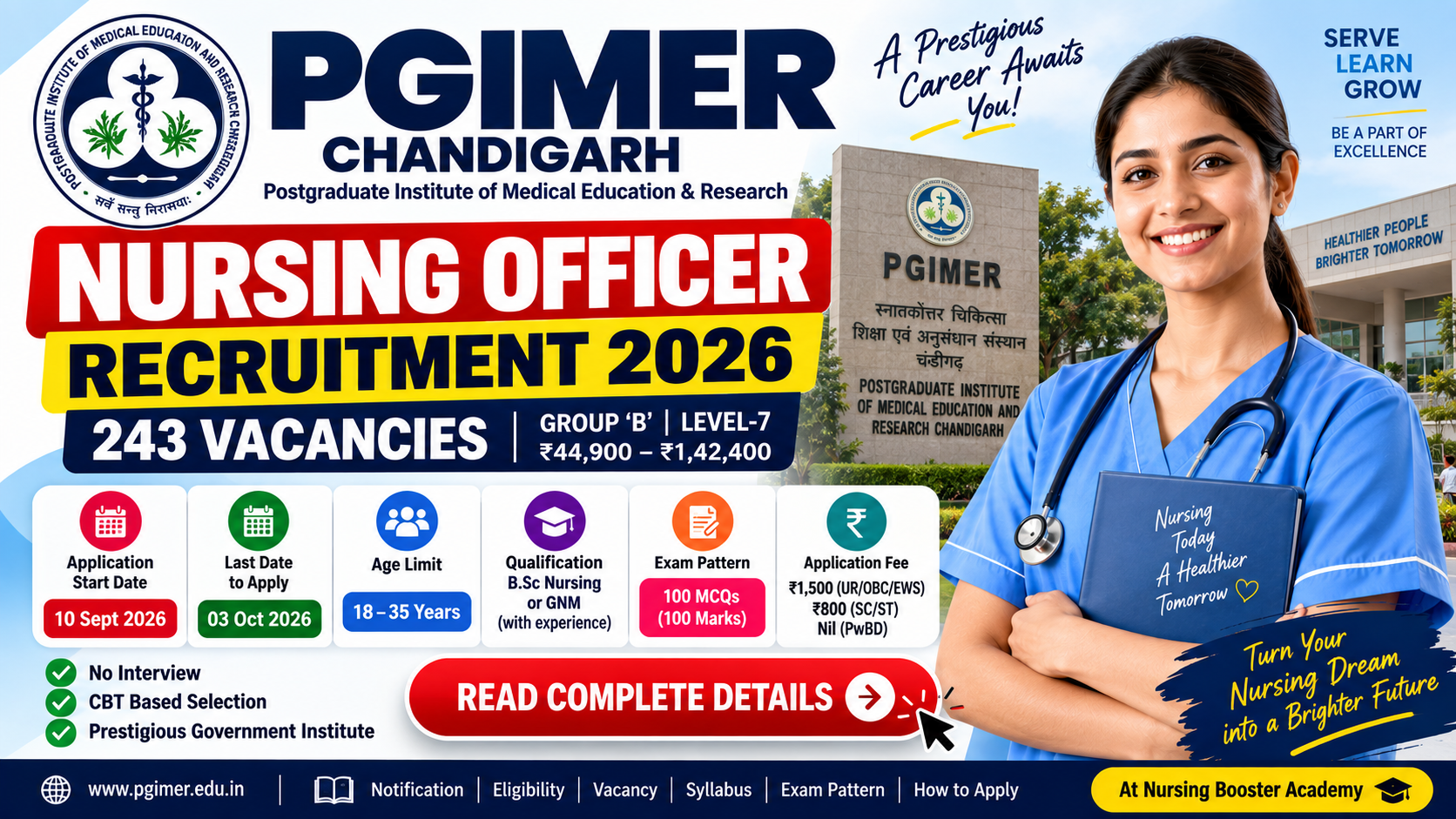 PGIMER Nursing Officer Recruitment 2026: 243 Vacancies