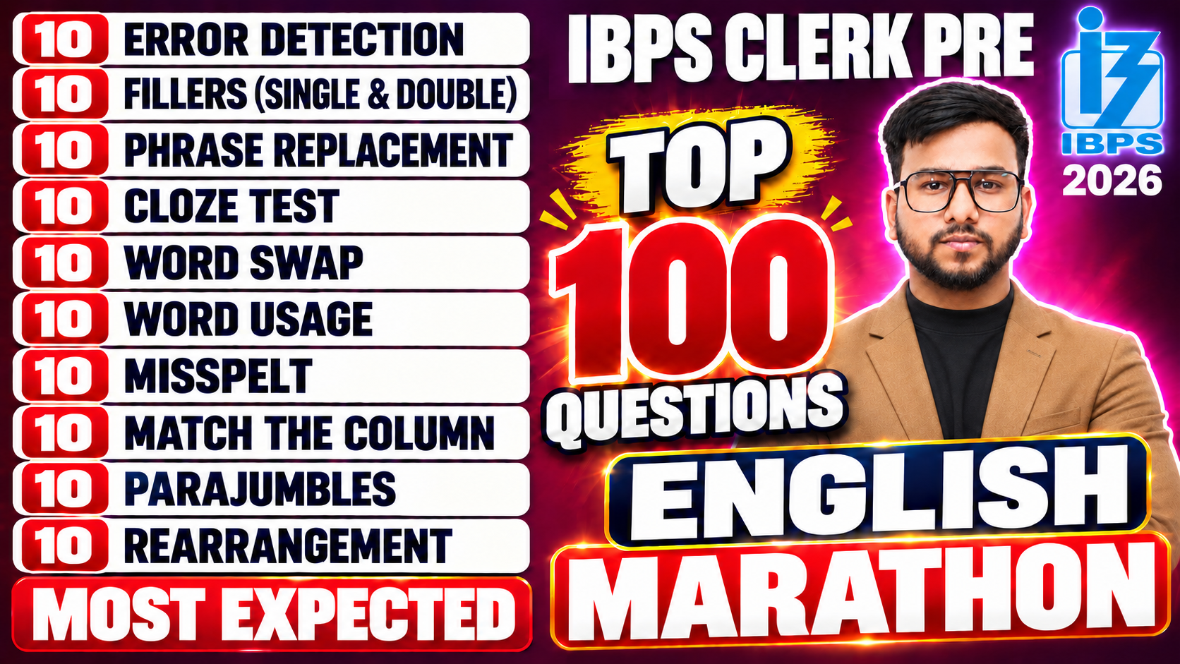 TOP 100 QUESTIONS MARATHON IBPS CLERK PRE 2026
